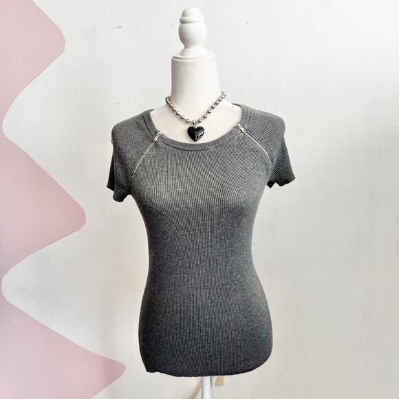 Gray Ribbed Zipper Top 2000s Y2K Grunge Indie Sleaze Retro Medium - Picture 1 of 6